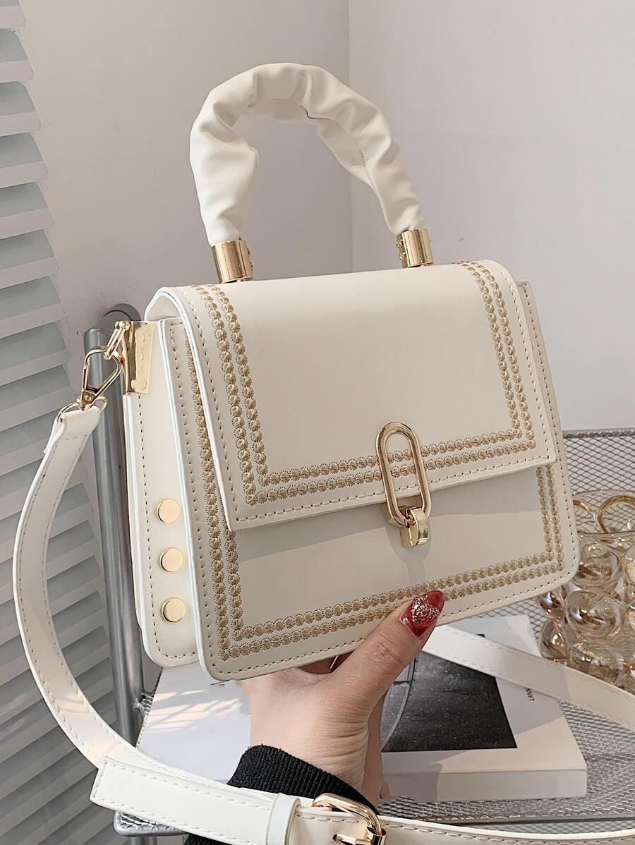 刺繡細節頂部手柄手提包 - 米色 - 查看 1