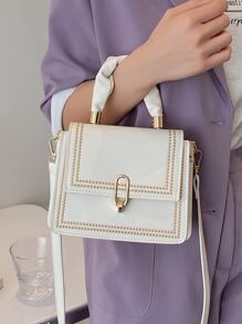 刺繡細節頂部手柄手提包 - 米色 - 查看 3