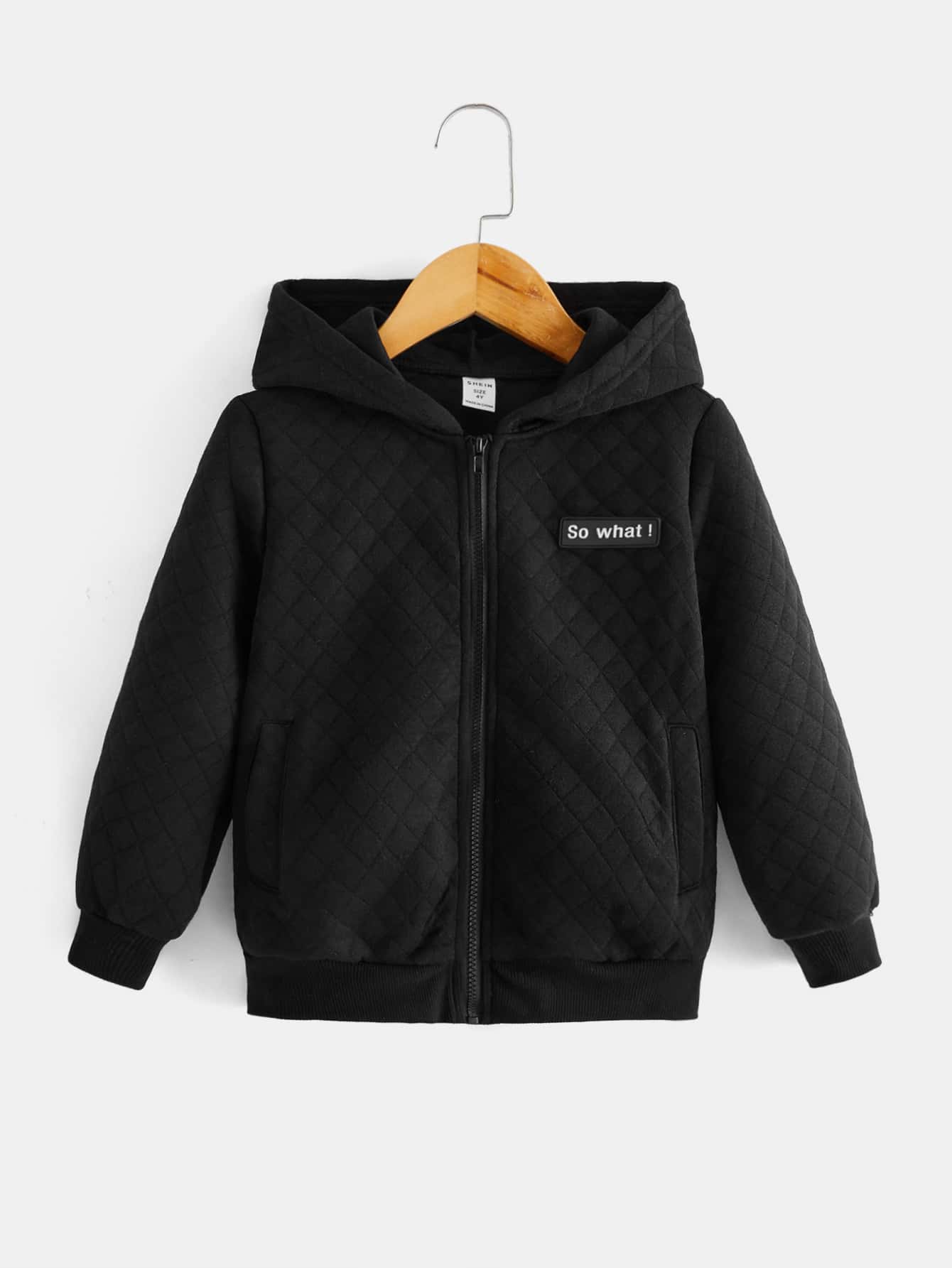 SHEIN Áo nỉ có khóa kéo, họa tiết chữ cái, dành cho bé trai, kiểu dáng chần bông. - màu đen - Xem 1