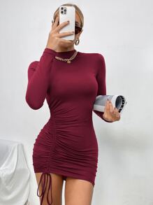 SHEIN Essnce 小高領前抽繩緊身連衣裙 - 紫紅色 - 查看 1
