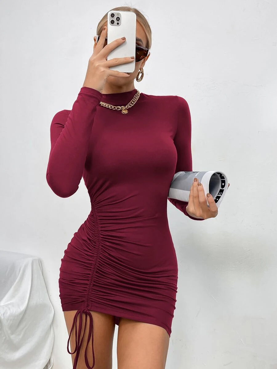 SHEIN Essnce 小高領前抽繩緊身連衣裙 - 紫紅色 - 查看 1