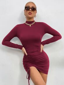 SHEIN Essnce 小高領前抽繩緊身連衣裙 - 紫紅色 - 查看 3