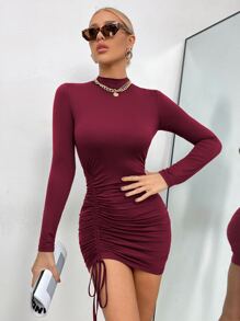 SHEIN Essnce 小高領前抽繩緊身連衣裙 - 紫紅色 - 查看 4