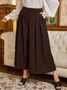 Quần Plus Size Xếp li Túi màu trơn Thanh lịch - Màu nâu Sô-cô-la - Xem 1