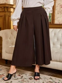 Quần Plus Size Xếp li Túi màu trơn Thanh lịch - Màu nâu Sô-cô-la - Xem 3