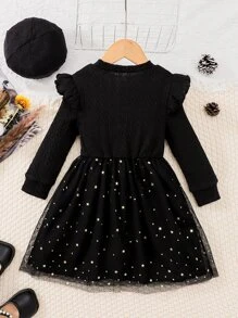 小女童拼接星星網紗荷葉邊洋裝 - 黑色 - 查看 2