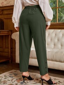 大碼高腰斜口袋長褲 - 軍綠色 - 查看 2