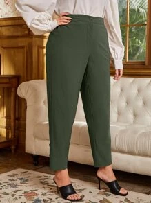 大碼高腰斜口袋長褲 - 軍綠色 - 查看 4