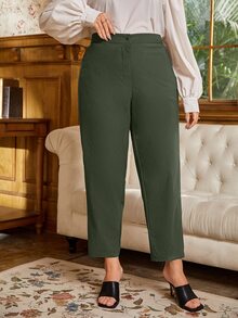 大碼高腰斜口袋長褲 - 軍綠色 - 查看 3