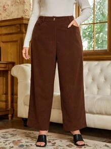 SHEIN Clasi Plus Slant Pocket Corduroy Wide Leg Pants - Coffee Brown - View 3