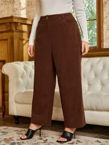 SHEIN Clasi Plus Slant Pocket Corduroy Wide Leg Pants - Coffee Brown - View 4