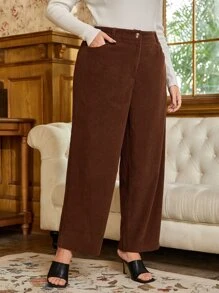 SHEIN Clasi Plus Slant Pocket Corduroy Wide Leg Pants - Coffee Brown - View 5