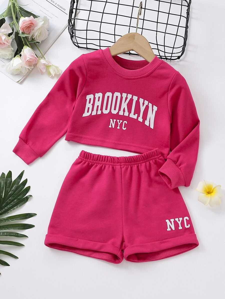 SHEIN 小女童字母圖案運動衫和短褲