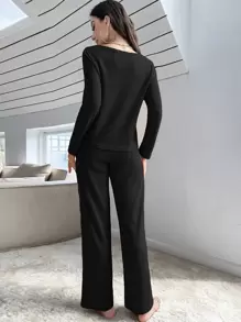 Ribbed Knit Button Front Lounge Set Outfit, Fall Clothes, Cozy Outfits