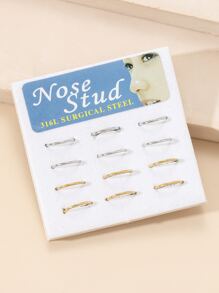 12pcs/Pack Stainless Steel Gold And Silver Nose Rings, Minimalist Style For Women - Multicolor - View 2