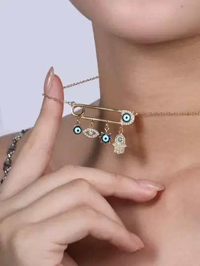 Evil Eye & Rhinestone Hamsa Hand Charm Necklace