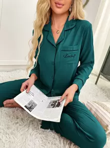 Letter Embroidery Contrast Piping PJ Set / Pajama Set