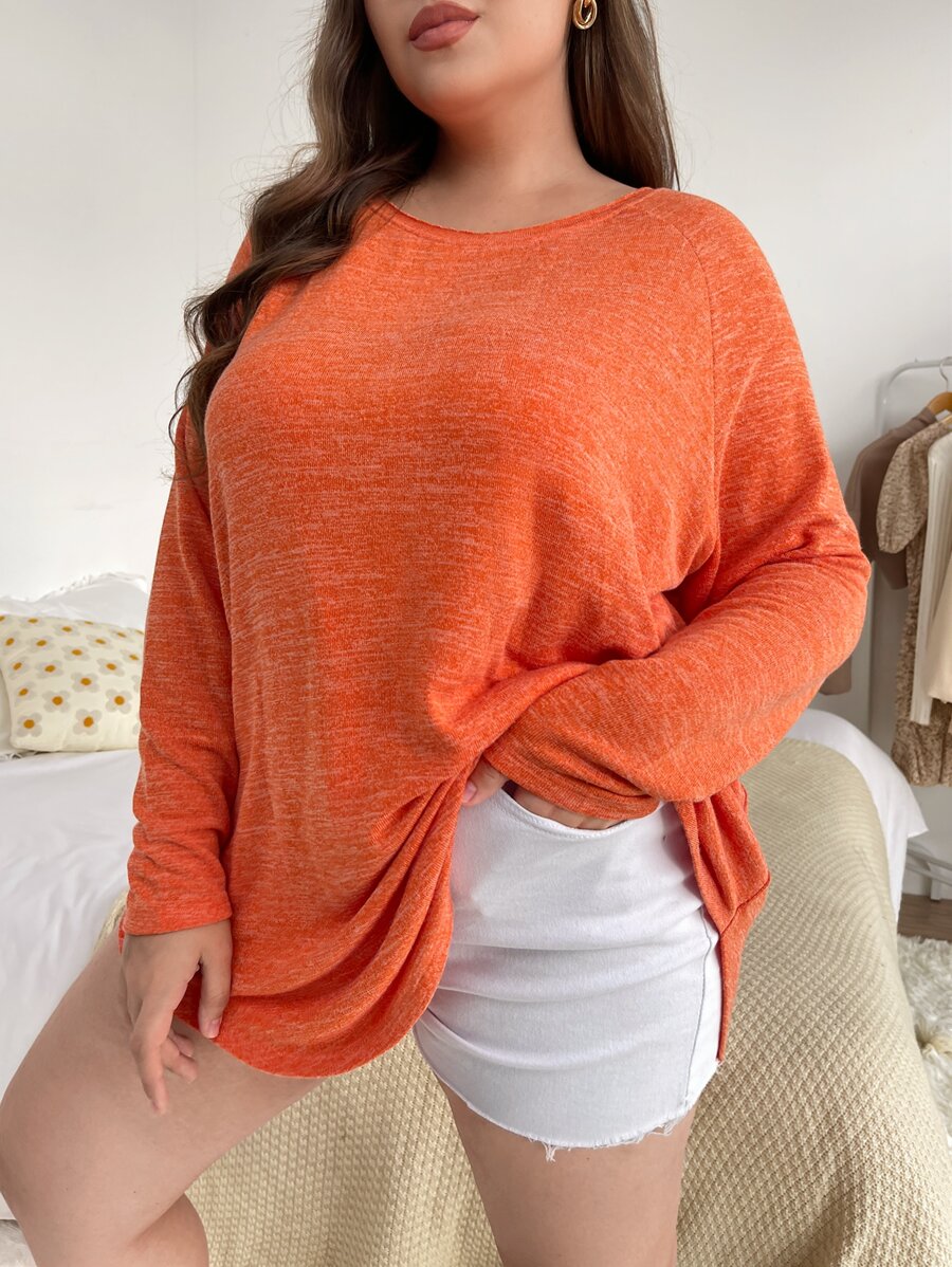 SHEIN EZwear 大碼插肩袖泥灰色印花T恤 - 橘色 - 查看 1