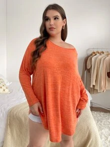 SHEIN EZwear 大碼插肩袖泥灰色印花T恤 - 橘色 - 查看 3