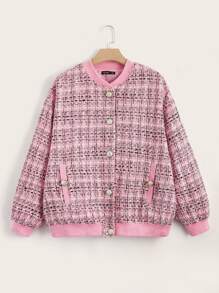 SHEIN 大碼格紋圖案落肩袖粗花呢飛行員夾克