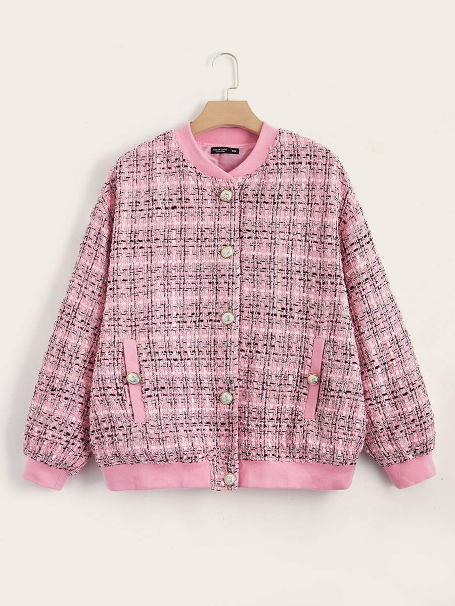 SHEIN 大碼格紋圖案落肩袖粗花呢飛行員夾克