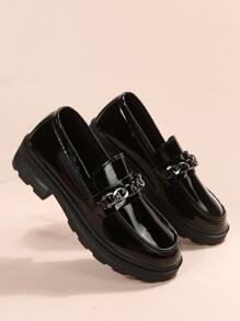 鏈條裝飾一腳蹬厚底樂福鞋 - 黑色 - 查看 1