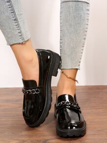鏈條裝飾一腳蹬厚底樂福鞋 - 黑色 - 查看 2