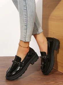 鏈條裝飾一腳蹬厚底樂福鞋 - 黑色 - 查看 3