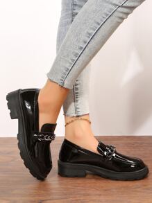 鏈條裝飾一腳蹬厚底樂福鞋 - 黑色 - 查看 4