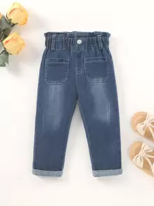 Đứa bé gái Mèo cào Túi Kép Nếp gấp cao eo Quần jean Tapered - Rửa tối - Xem 1