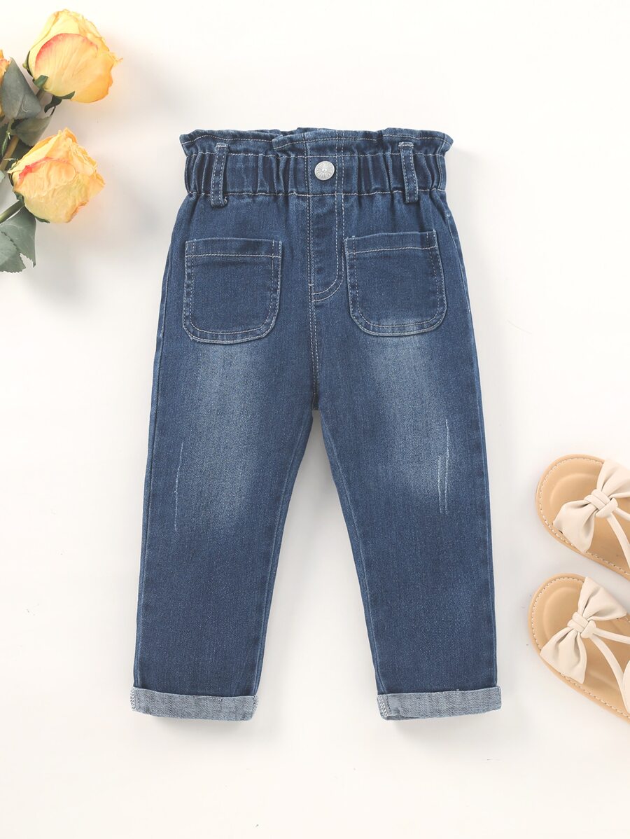 Đứa bé gái Mèo cào Túi Kép Nếp gấp cao eo Quần jean Tapered - Rửa tối - Xem 1