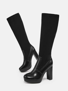 Chunky Heeled Sock Boots - Black - View 5