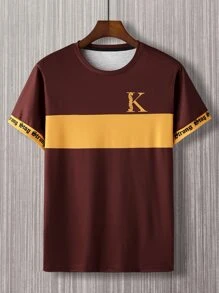 Manfinity Homme 男士字母圖案撞色T恤 - 酒紅色 - 查看 4