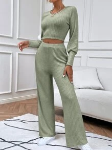 SHEIN Frenchy 燈籠袖短款T恤和褲子