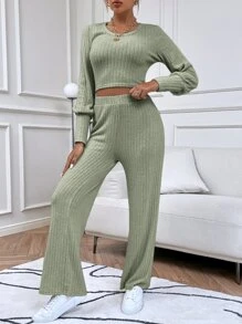 SHEIN Frenchy 燈籠袖短款T恤和褲子