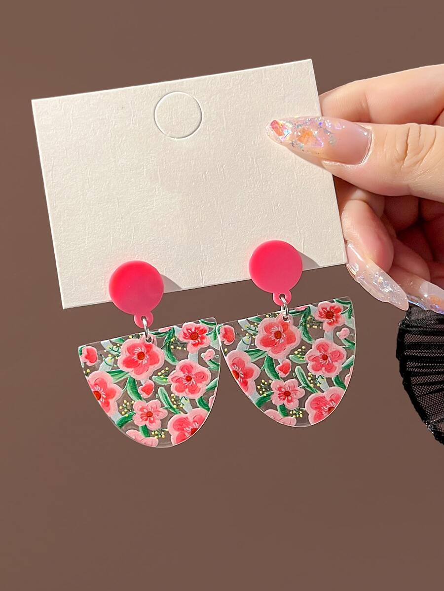 花卉圖案幾何耳墜 - 彩色 - 查看 1