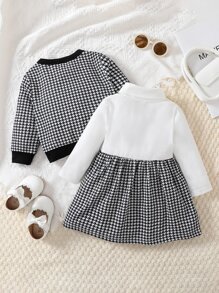 Đứa bé gái In Houndstooth Áo khoác & Đầm - Đen và trắng - Xem 2