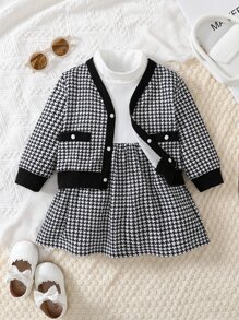 Đứa bé gái In Houndstooth Áo khoác & Đầm - Đen và trắng - Xem 3