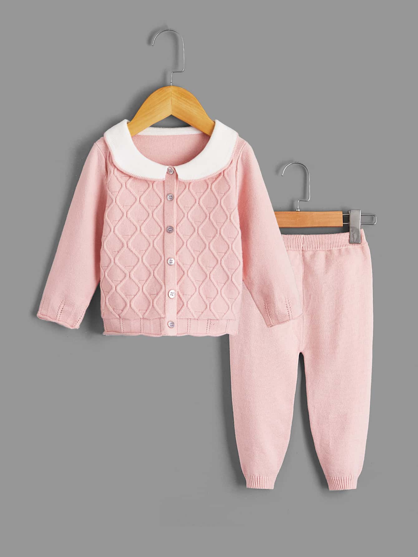 Baby Peter-pan Collar Textured Cardigan & Knit Trousers - Pink - View 1