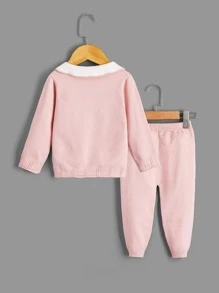 Baby Peter-pan Collar Textured Cardigan & Knit Trousers - Pink - View 2