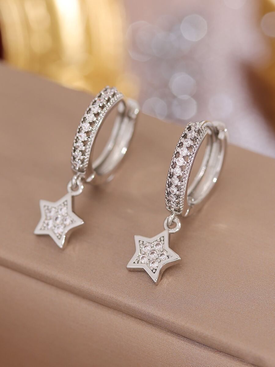 Rhinestone Star Drop Earrings - Silver - View 1