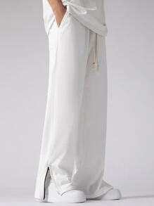 Manfinity Hypemode Men's Loose Fit Drawstring Waist Patched Detail Zip Hem Sweatpants - White - View 4