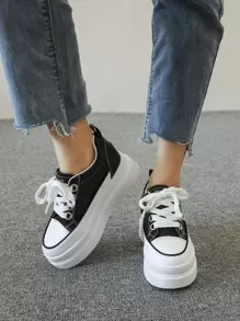 Letter Detail Lace-up Front Wedge Sneakers - Black - View 1