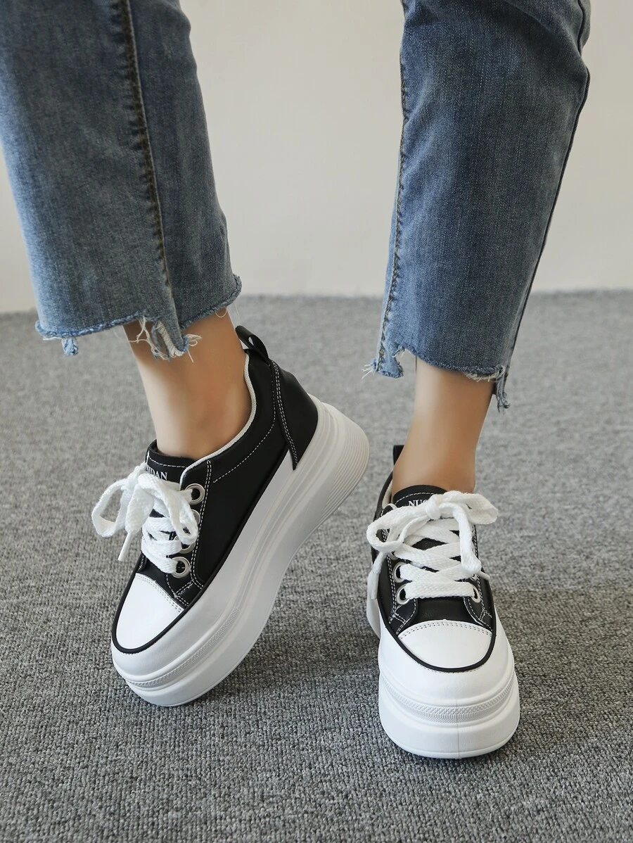 Letter Detail Lace-up Front Wedge Sneakers - Black - View 1