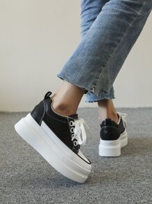 Letter Detail Lace-up Front Wedge Sneakers - Black - View 2