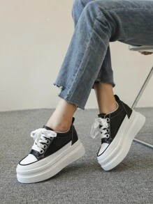 Letter Detail Lace-up Front Wedge Sneakers - Black - View 3