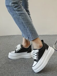 Letter Detail Lace-up Front Wedge Sneakers - Black - View 4