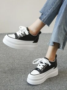 Letter Detail Lace-up Front Wedge Sneakers - Black - View 5