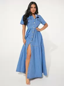 SHEIN SXY Váy denim nữ Nút Túi Viên lá sen Tách cao màu trơn Thanh lịch - Rửa trung bình - Xem 1