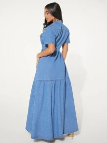 SHEIN SXY Váy denim nữ Nút Túi Viên lá sen Tách cao màu trơn Thanh lịch - Rửa trung bình - Xem 2